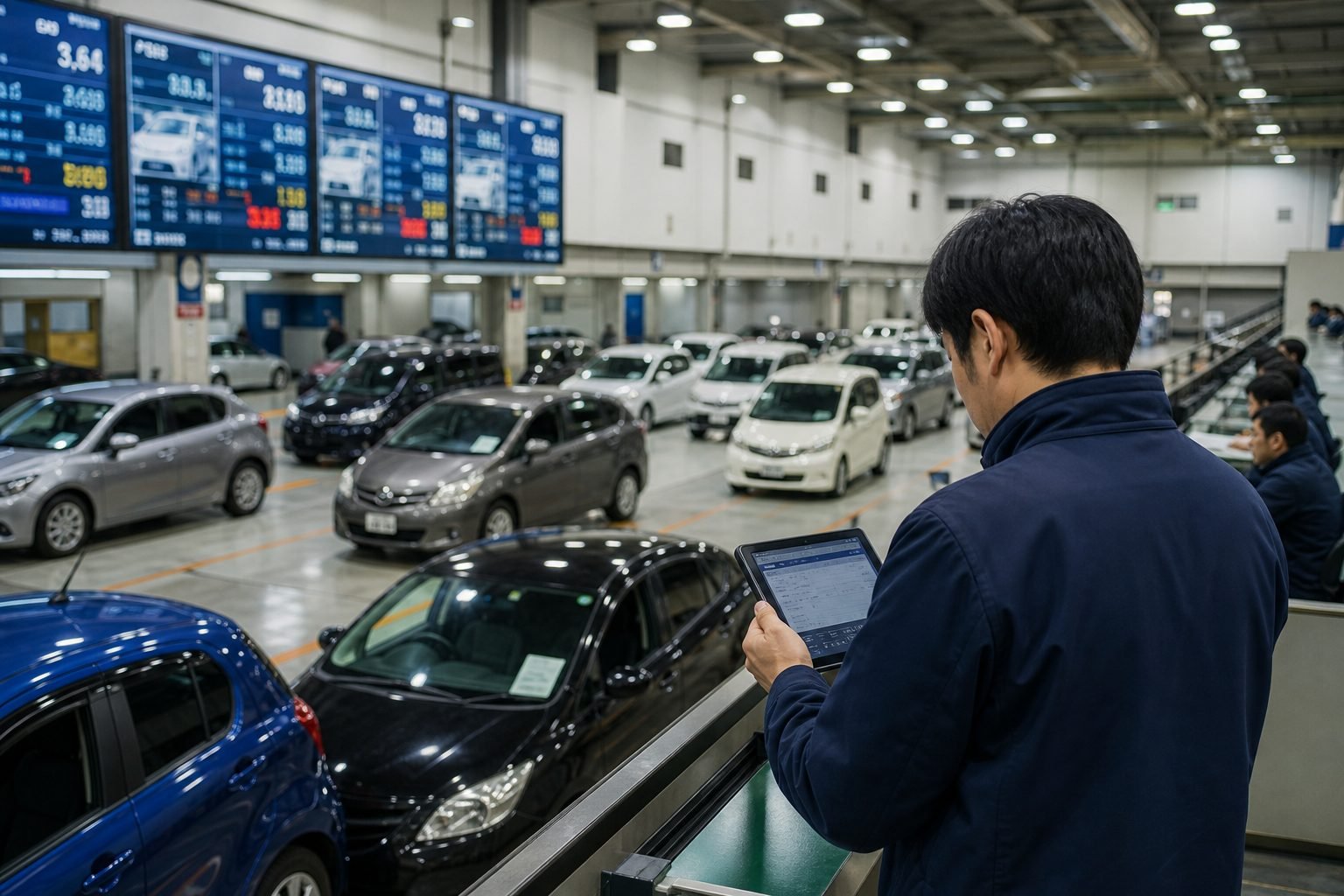 日本の中古車オークション会場で車両を確認するイメージ