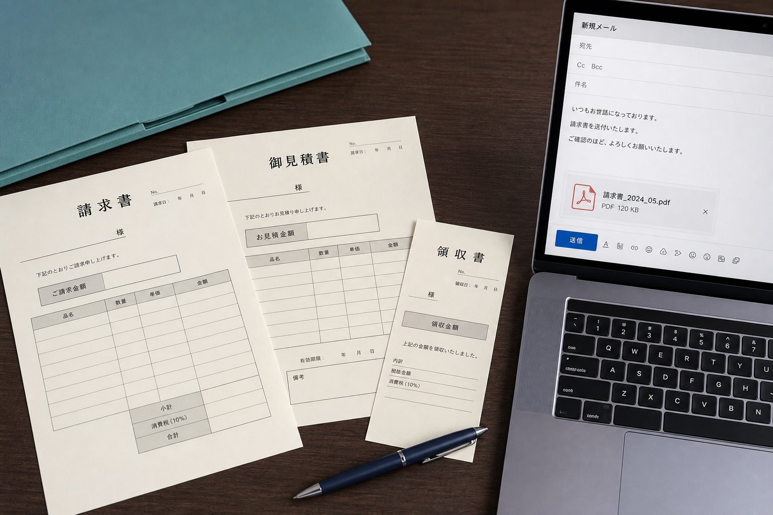 請求書・見積書・領収書とメール送付のイメージ